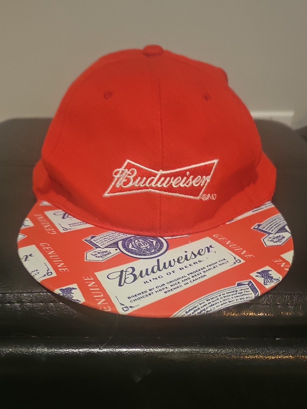 Budweiser Red Hat with White Logo and Blue-Accented Flat Brim Adjustable